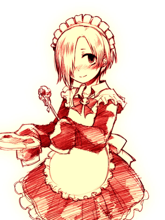 10s, 1girl, apron, bad_id, bags_under_eyes, blush, female_focus, food