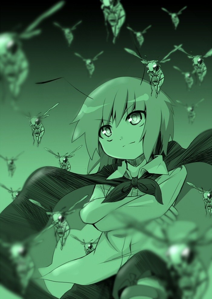 1girl, blonde_hair, bug, cape, crossed_arms, female_focus, green_hair, green_theme