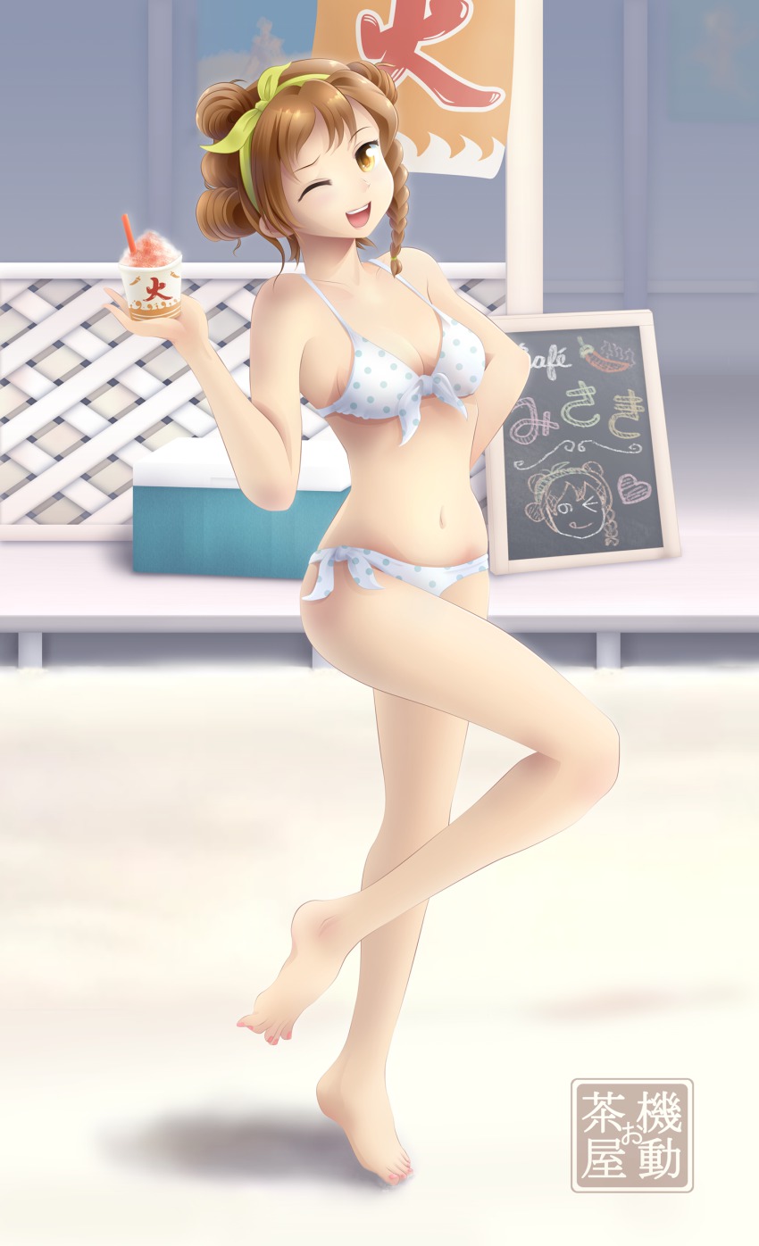 1girl, ;d, absurdres, alternate_costume, asymmetrical_hair, barefoot, bikini, braid