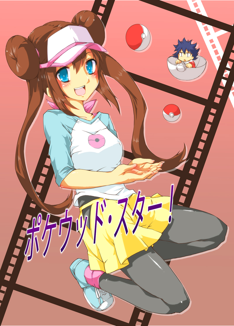 10s, 1boy, 1girl, :d, bad_id, bad_pixiv_id, black_pantyhose, blue_eyes