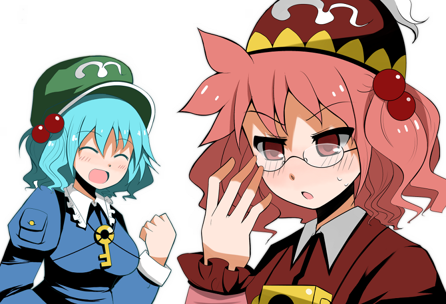 2girls, aqua_hair, arano_oki, bespectacled, blush, clenched_hands, closed_eyes, female_focus, glasses, hair_bobbles, hair_ornament, hat, kawashiro_mitori, kawashiro_nitori, key, long_sleeves, multiple_girls, open_mouth, original, parody, red_hair, rin-chan_now!_(vocaloid), siblings, side_ponytail, sisters, sweatdrop, touhou, two_side_up, vocaloid, white_background