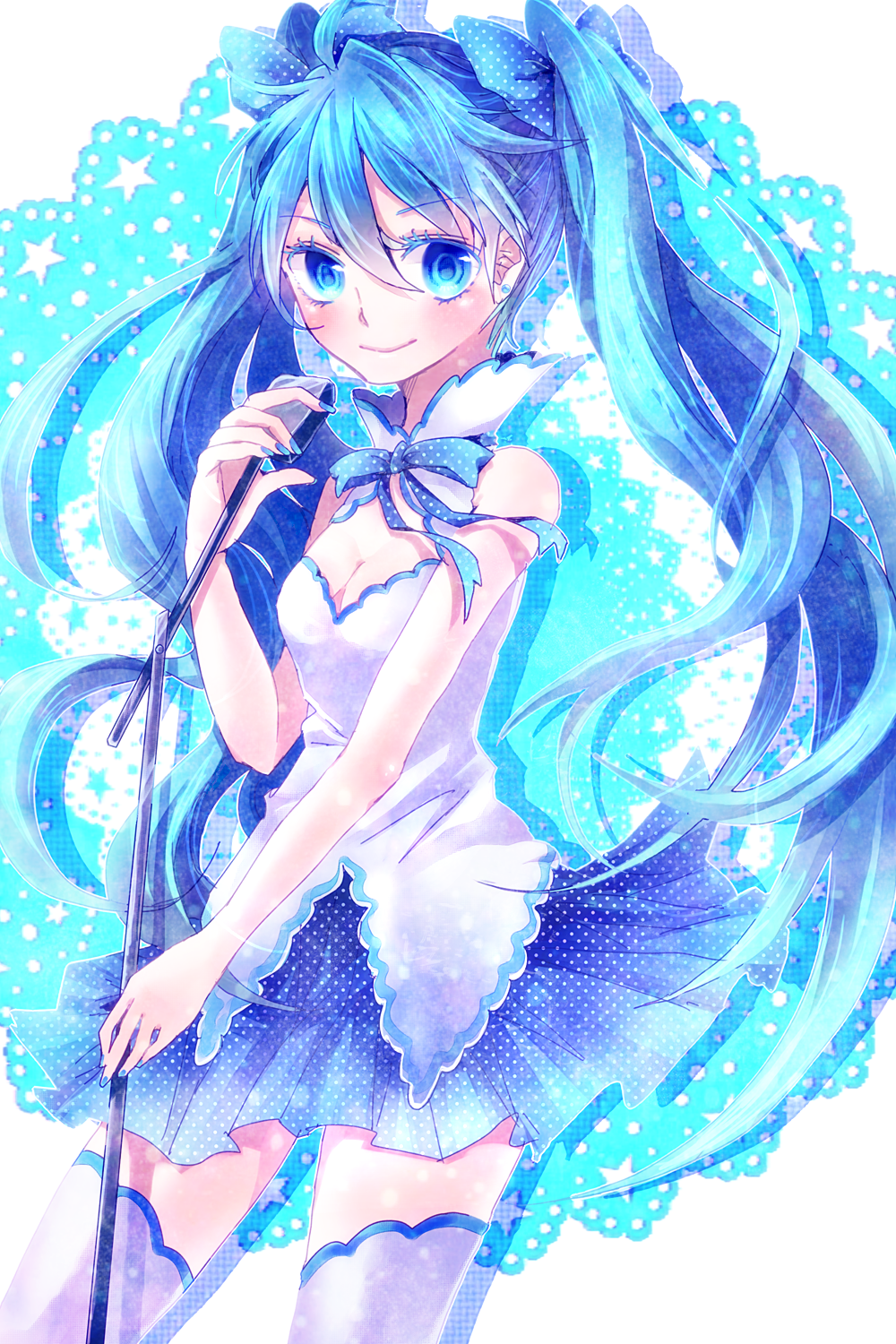 1girl, aqua_eyes, aqua_hair, bare_shoulders, female_focus, hatsune_miku, highres, long_hair, looking_at_viewer, microphone, microphone_stand, mumi_(mumie), smile, solo, thighhighs, twintails, very_long_hair, vocaloid, zettai_ryouiki