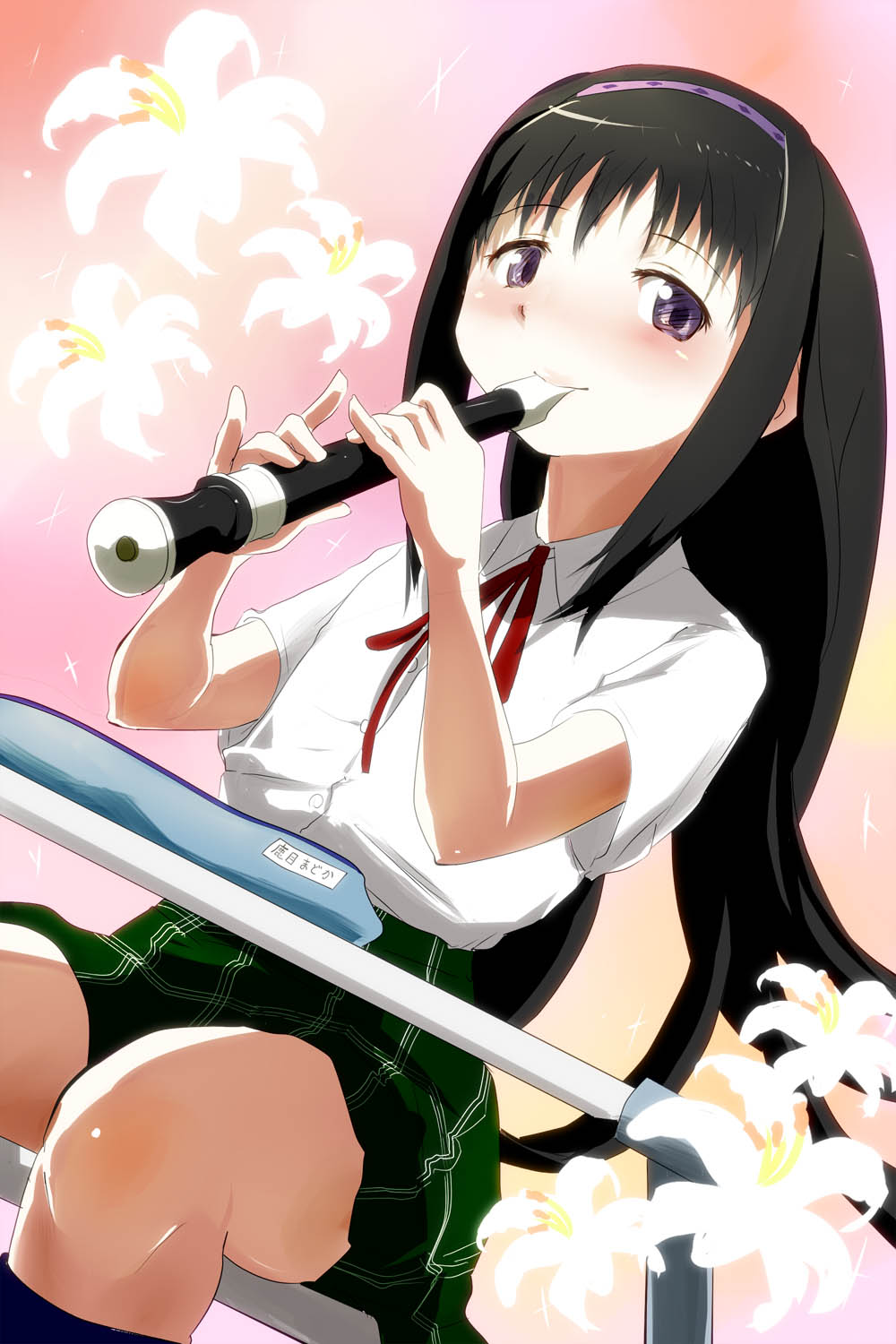 10s, 1girl, ace_rocket, akemi_homura, black_hair, blowing, blush, desk, female_focus, flower, flute, hairband, highres, holding, holding_flute, holding_instrument, instrument, lily_(flower), long_hair, mahou_shoujo_madoka_magica, mahou_shoujo_madoka_magica_(anime), music, missing_legwear, plaid, playing_instrument, purple_eyes, recorder, school_uniform, sitting, skirt, smile, solo, stolen