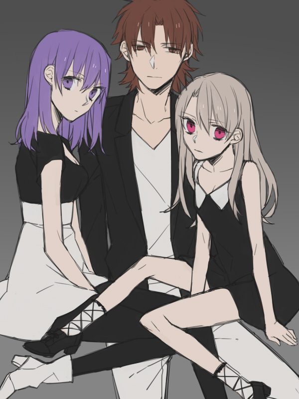 1boy, 2girls, bad_id, bad_pixiv_id, brown_eyes, brown_hair, casual, cross-laced_footwear, dress, fate/stay_night, fate_(series), illyasviel_von_einzbern, kotomine_kirei, long_hair, matou_sakura, multiple_girls, naname13, pantyhose, purple_eyes, purple_hair, red_eyes, white_hair