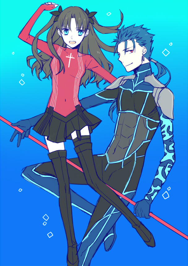 10s, 1boy, 1girl, bad_id, bad_pixiv_id, black_hair, black_thighhighs, blue_eyes, blue_hair, bodysuit, boots, cu_chulainn_(fate), cu_chulainn_(fate/extra), earrings, fate/extra, fate_(series), gae_bolg_(fate), hair_ribbon, jewelry, long_hair, naname13, official_alternate_costume, polearm, ponytail, red_eyes, ribbon, spear, thigh_boots, thighhighs, tohsaka_rin, two_side_up, weapon