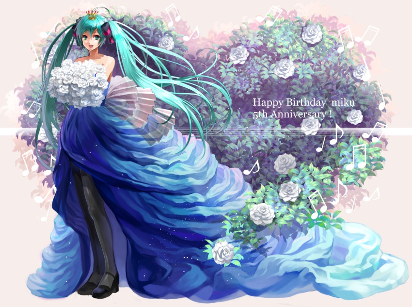 1girl, aqua_eyes, aqua_hair, bare_shoulders, black_pantyhose, bouquet, crown, dress