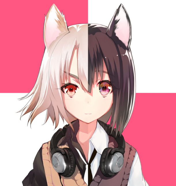 1girl, animal_ears, black_hair, bose, copyright_request, female_focus, headphones, headphones_around_neck, heterochromia, looking_at_viewer, multicolored_hair, pink_eyes, red_eyes, shirabi, short_hair, solo, sweater_vest, two-tone_hair, upper_body, white_hair