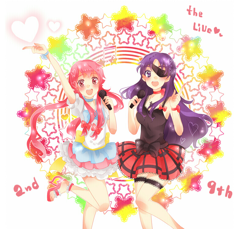 2girls, bad_id, bad_pixiv_id, blush, bow, choker, eyepatch, frills