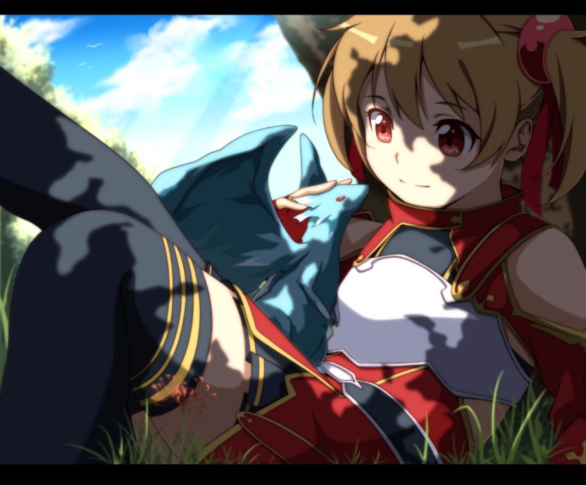 10s, 1girl, animal, armor, bad_id, bad_pixiv_id, black_thighhighs, breastplate, brown_hair, female_focus, grass, letterboxed, pina_(sao), red_eyes, short_twintails, silica, sitting, smile, solo, sword_art_online, thighhighs, twintails, yuihara
