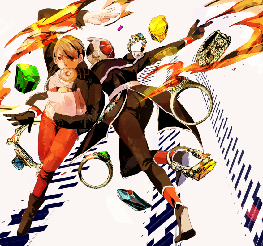 1boy, bag, belt, brown_eyes, brown_hair, donut, dual_persona, fire