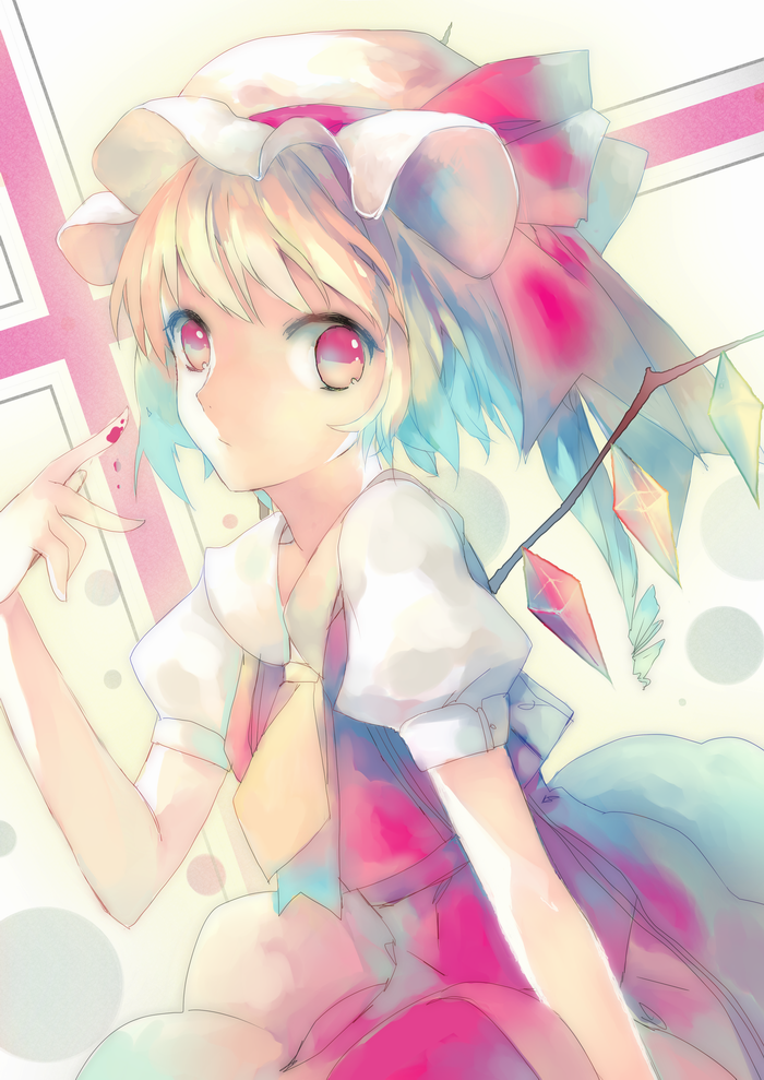 1girl, ascot, blonde_hair, blood, female_focus, finger_to_face, flandre_scarlet, hat
