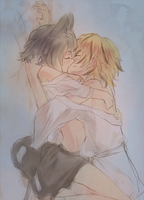 2girls, bare_shoulders, blonde_hair, brown_hair, couple, closed_eyes, girl_on_top, grey_hair, japanese_clothes, kimono, kiss, kotaro-nosuke, lying, midriff, multicolored_hair, multiple_girls, nazrin, off_shoulder, on_back, open_clothes, open_shirt, shirt, short_hair, skirt, toramaru_shou, touhou, two-tone_hair, undressing, yukata, yuri