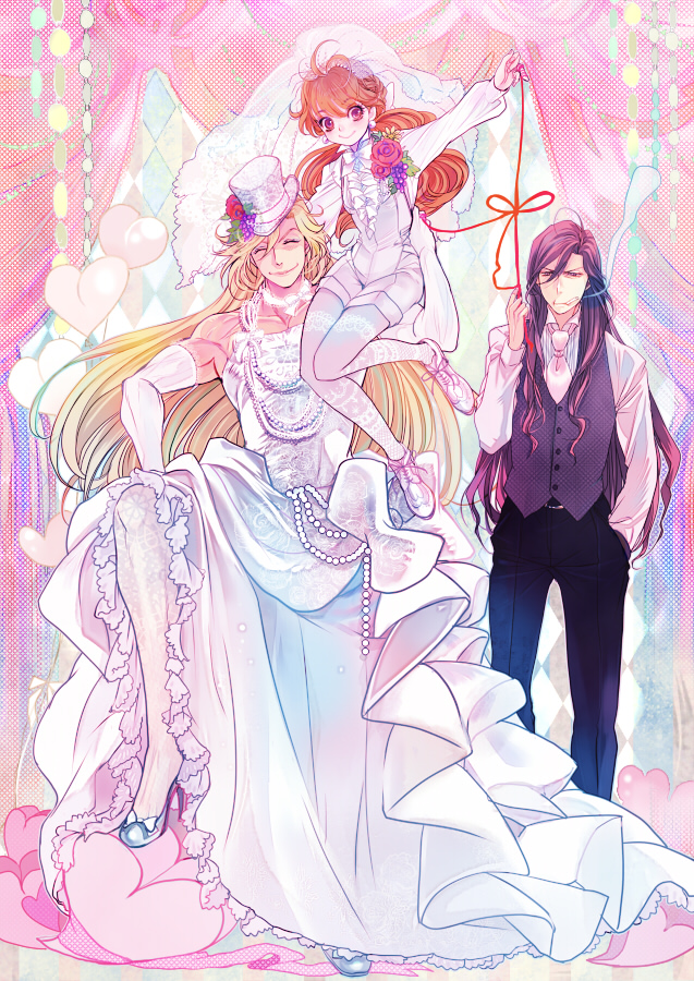 1girl, 2boys, arm_up, bare_shoulders, blonde_hair, bridal_veil, brown_hair, carrying, cigarette, closed_eyes, crossdressing, curtains, dress, earrings, elbow_gloves, father_and_child, father_and_daughter, flower, food, formal_clothes, fruit, gloves, gourry_gabriev, grapes, hat, height_difference, high_heels, isi88, jewelry, jobo_(isi88), lina's_father, lina_inverse, long_hair, multiple_boys, muscular, necktie, orange_hair, pants, parent_and_child, purple_hair, red_eyes, red_flower, red_hair, red_rose, ribbon, rose, shoes, shorts, shoulder_carry, slayers, smile, string, string_of_fate, suit, thighhighs, top_hat, veil, vest, wedding, wedding_dress, white_dress, white_thighhighs