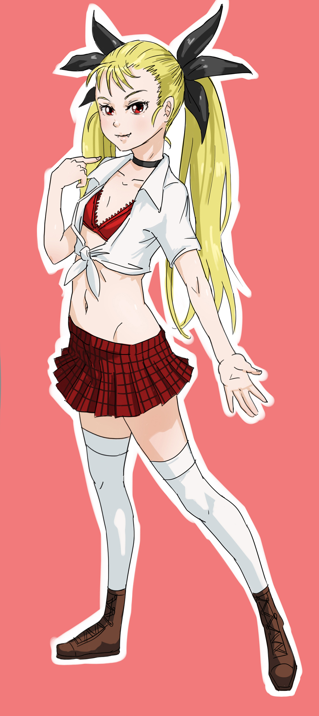 1girl, alternate_costume, blonde_hair, bra, brown_footwear, casual, checkered_clothes, checkered_skirt