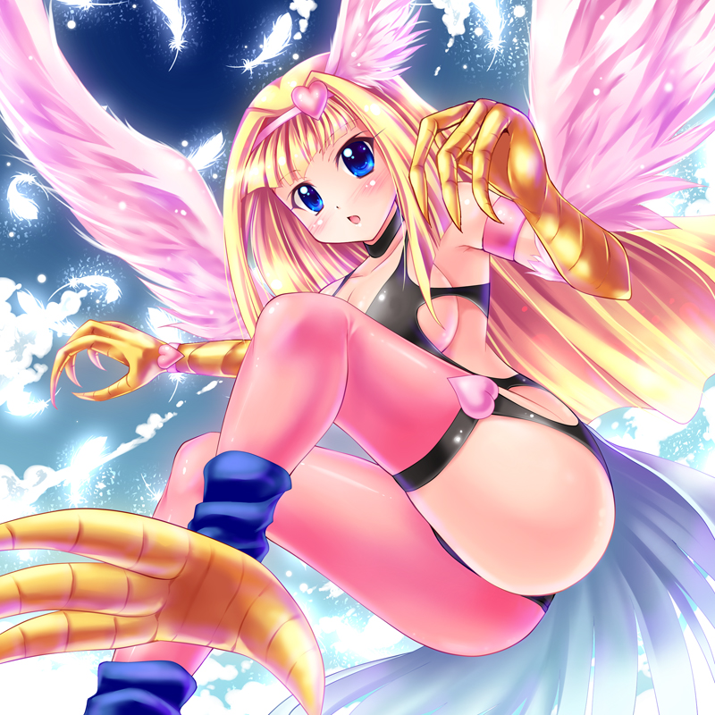 1girl, armband, ass, blonde_hair, blue_eyes, breasts, claws, cleavage