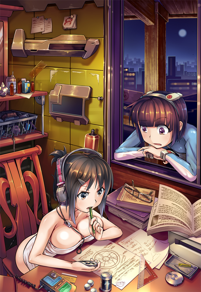 2girls, book, bottomless, breasts, brown_eyes, brown_hair, chair, cleavage, collarbone, glasses, headphones, holding, multiple_girls, open_book, original, pencil, purple_eyes, raised_eyebrow, reading, screwdriver, short_hair, sitting, xx_(artist)