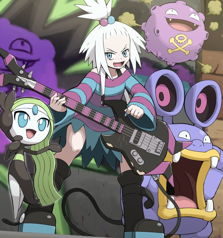 10s, 1girl, bare_shoulders, bass_guitar, blue_eyes, boots, fangs, freckles