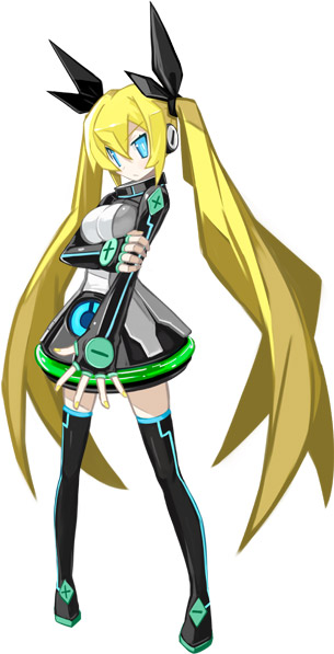 1girl, arm_grab, attouteki_yuugi_mugen_souls, black_thighhighs, blonde_hair, blue_eyes, boots, dees_vanguard