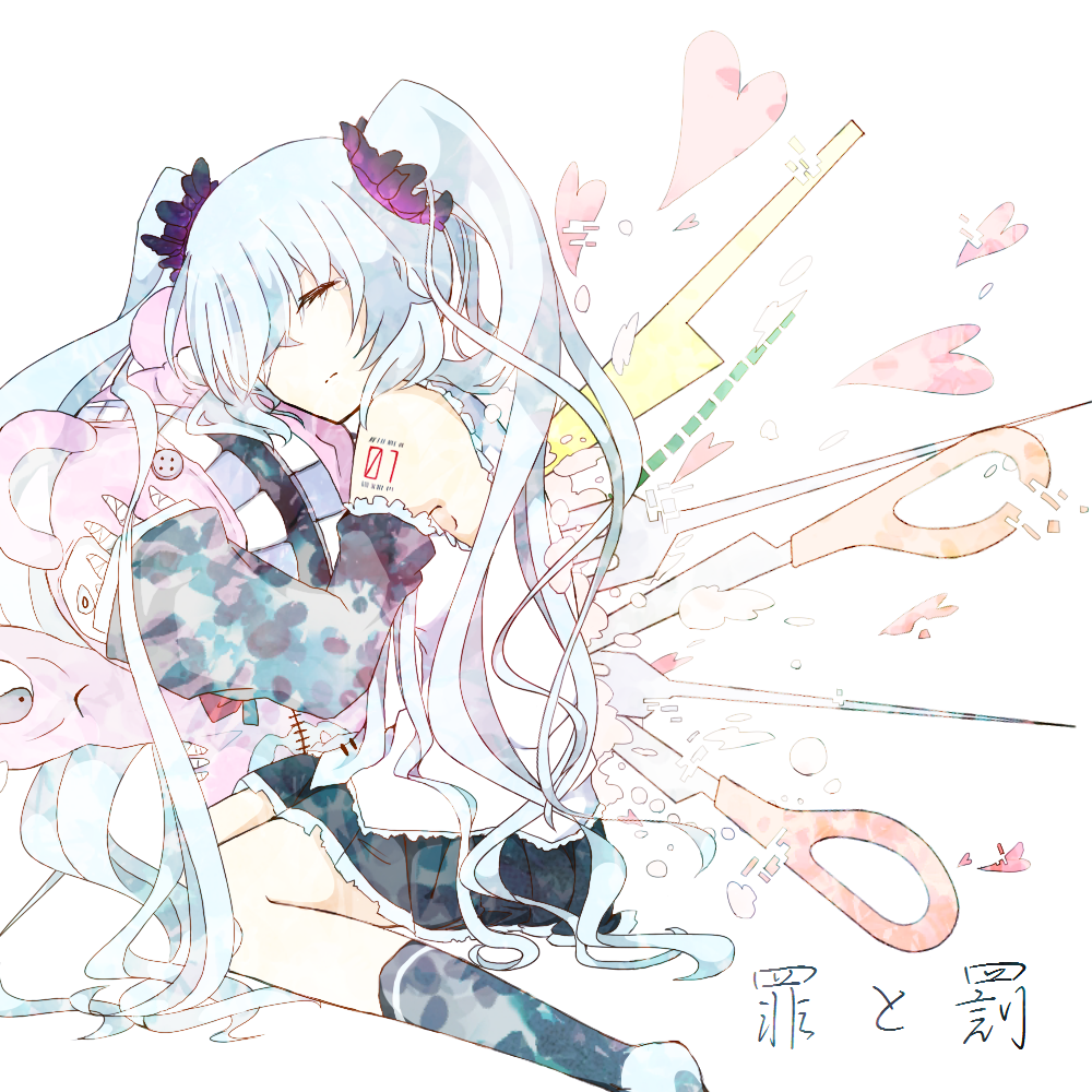 1girl, bandages, blue_hair, closed_eyes, copyright_name, detached_sleeves, female_focus, fork, hatsune_miku, heart, kiiyu, knife, long_hair, scissors, sitting, skirt, socks, solo, stuffed_animal, stuffed_toy, tsumi_to_batsu_(vocaloid), very_long_hair, vocaloid, wariza
