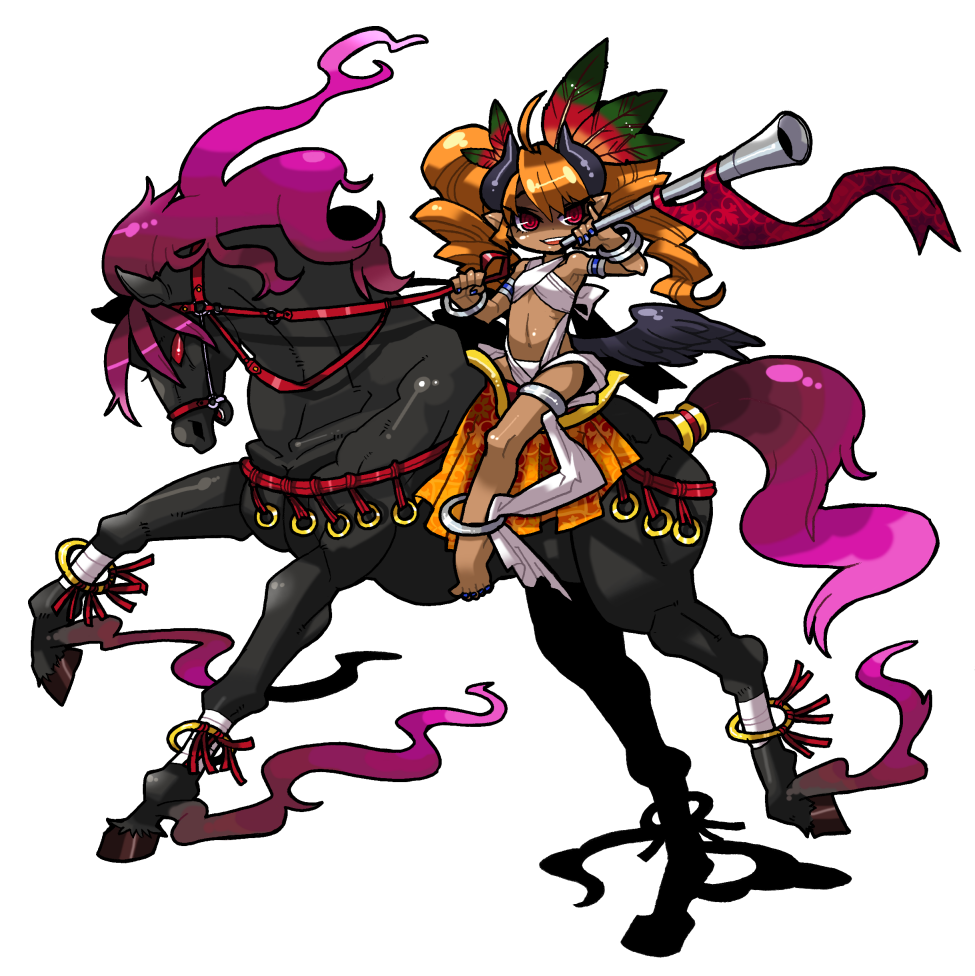 1girl, anklet, barefoot, cimeries_(himeno_yuuma), dark-skinned_female, dark_skin, female_focus, flat_chest, himeno_yuuma, horns, horse, horseback_riding, jewelry, long_hair, midriff, orange_hair, original, pointy_ears, red_eyes, riding, single_horn, smile, solo, transparent_background, twintails, white_background, wings