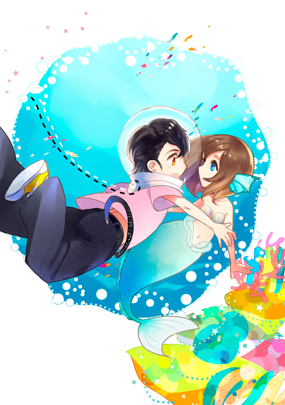 1boy, 1girl, bad_id, bad_pixiv_id, belt, black_hair, blue_eyes, brown_hair