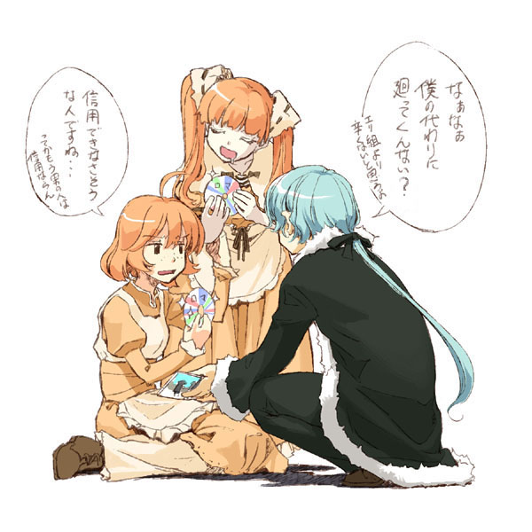 1boy, 2girls, :d, ^_^, blue_hair, blunt_bangs, brown_footwear, cd, closed_eyes, dress, elysion, fur_trim, hidari_(left_side), hiver_laurant, loafers, long_hair, long_sleeves, multiple_girls, open_mouth, orange_dress, orange_hair, pants, ponytail, roman_(sound_horizon), sacrifice, sacrifice's_sister_(elysion), shoes, short_hair, simple_background, sitting, smile, sound_horizon, spread_legs, squatting, translation_request, twintails, wariza, white_background