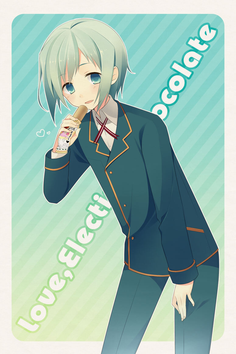 10s, 1boy, blue_eyes, blue_hair, english_text, hydrjg, koi_to_senkyo_to_chocolate, male_focus, matching_hair/eyes, open_mouth, school_uniform, solo, yumeshima_oboro