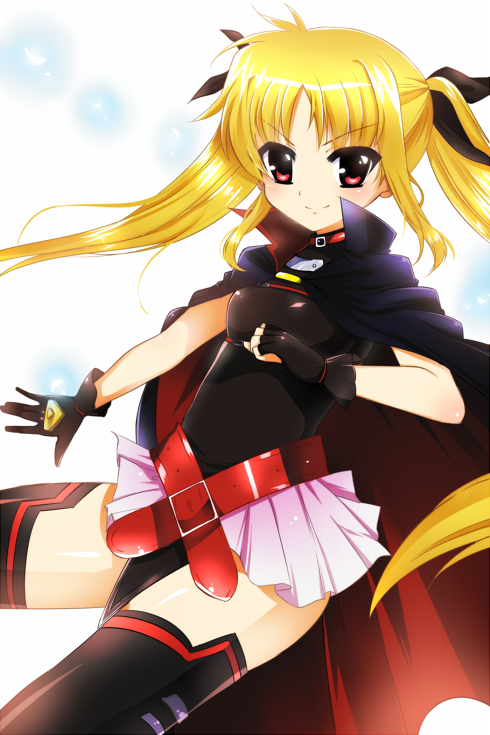 10s, 1girl, belt, blonde_hair, buckle, cape, fate_testarossa, fate_testarossa_(lightning_form), female_focus, fingerless_gloves, gloves, hair_ribbon, long_hair, lyrical_nanoha, mahou_shoujo_lyrical_nanoha, mahou_shoujo_lyrical_nanoha_the_movie_1st, red_eyes, ribbon, saijouka_mei, skirt, sleeveless, smile, solo, thighhighs, twintails