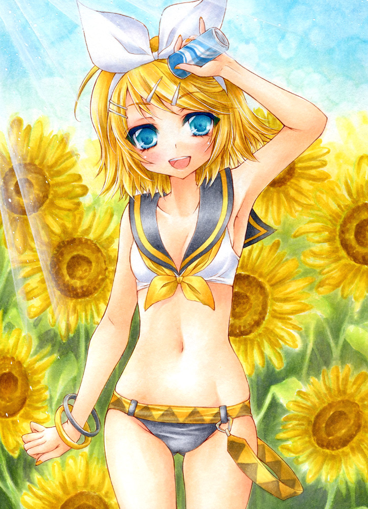1girl, :d, aoi_yuuka_(ao_no_kokoro), arm_up, armpits, bangle, bare_shoulders, belt, blonde_hair, blue_eyes, blush, bracelet, breasts, can, cleavage, female_focus, flower, hairband, holding, jewelry, kagamine_rin, navel, open_mouth, school_uniform, serafuku, short_hair, small_breasts, smile, solo, sunflower, sunlight, vocaloid