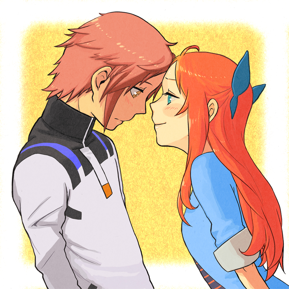 00s, 1boy, 1girl, bad_id, bad_pixiv_id, blush, brown_eyes, brown_hair, chiara_ferina, couple, element_hunters, eye_contact, face-to-face, green_eyes, hetero, kitayama, long_hair, looking_at_another, orange_hair, rodney_ford, short_hair, smile