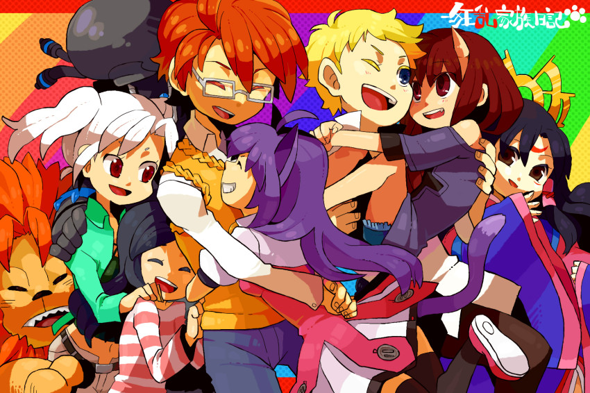 00s, 2boys, 5girls, animal_ears, black_hair, blonde_hair, blue_hair, brown_eyes