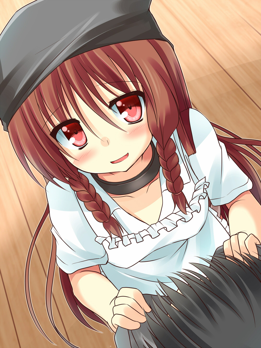 1girl, braid, brown_hair, hat, highres, original, red_eyes, shirasu_youichi, tenihaba_nana, teniwaba_nana_(shirasu_youichi), twin_braids