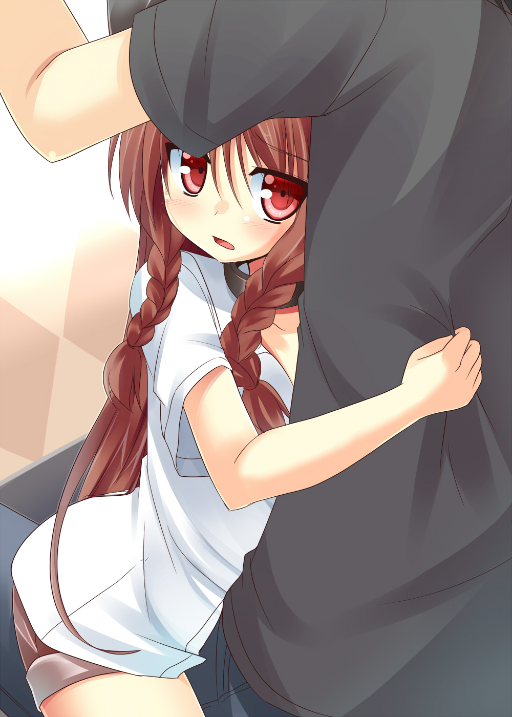 1girl, braid, brown_hair, hat, highres, hug, original, red_eyes