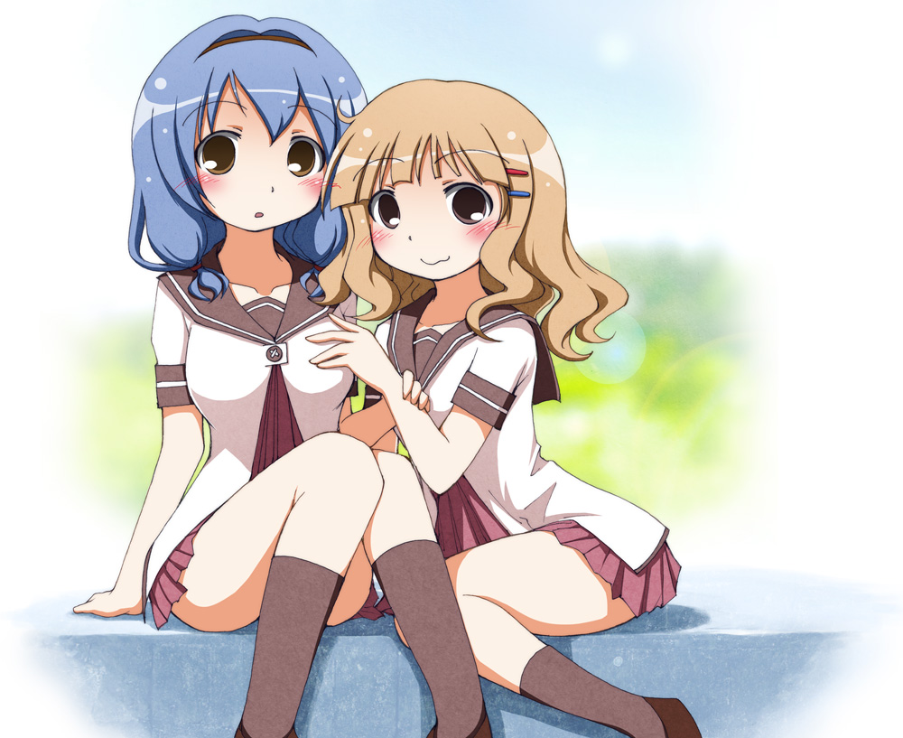 2girls, blonde_hair, blue_hair, braid, brown_eyes, earth_ekami, furutani_himawari, multiple_girls