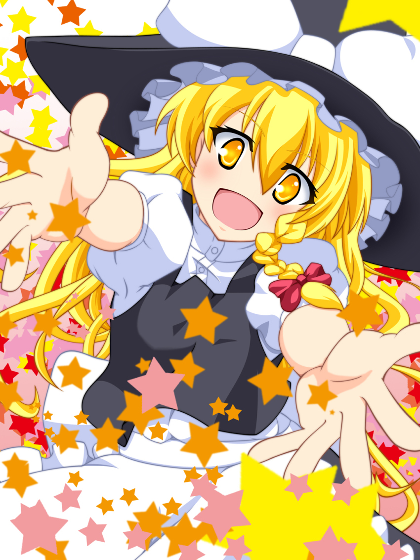 1girl, apron, blonde_hair, blush, bow, braid, female_focus, hat