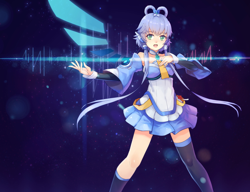 1girl, bare_shoulders, blue_hair, detached_sleeves, female_focus, green_eyes, hair_tubes, jun_(goodgun7)