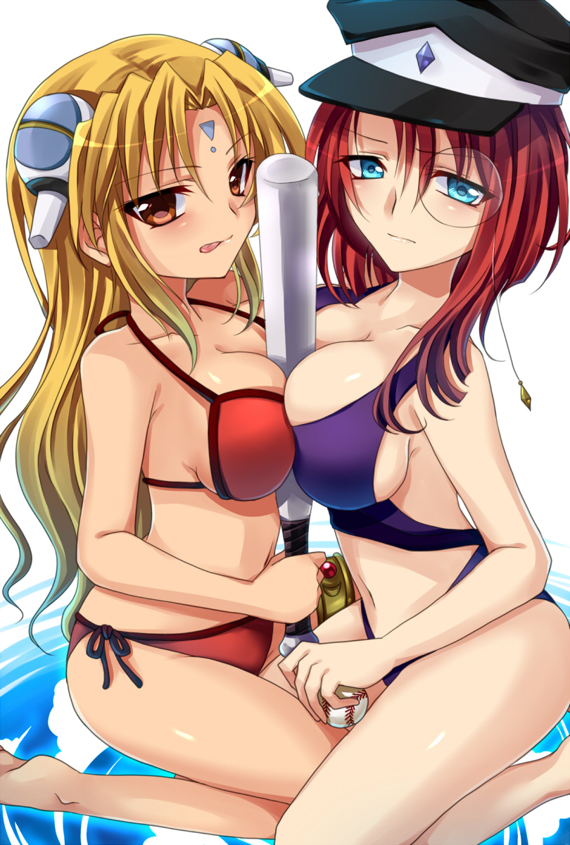 00s, 2girls, asymmetrical_docking, baseball, baseball_bat, between_breasts, bikini, blue_eyes