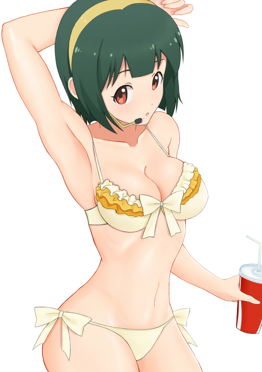 1girl, bad_id, bad_pixiv_id, drink, fuyube_(pff), fuyube_gin_(huyube), green_hair, hairband