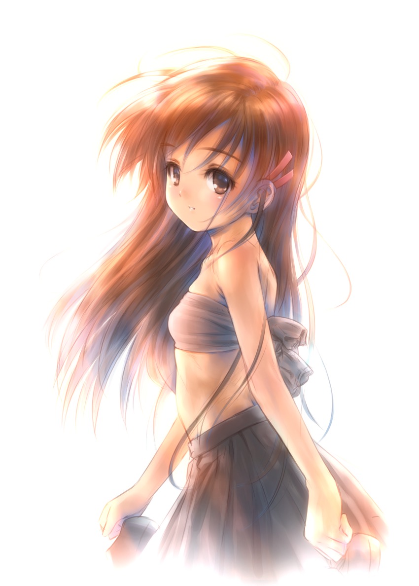 1girl, absurdres, backlighting, bandeau, blush, brown_eyes, brown_hair, clothes_lift, cowboy_shot, female_focus, from_side, goto_p, hair_ornament, hairclip, highres, holding, holding_shoes, holding_unworn_clothes, long_hair, midriff, narcissu, parted_lips, pleated_skirt, sakura_setsumi, setsumi_sakura, shoes, simple_background, skirt, skirt_lift, solo, unworn_shoes, white_background