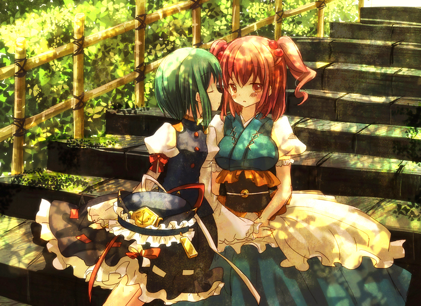 2girls, blush, closed_eyes, female_focus, green_hair, hair_bobbles, hair_ornament, hat