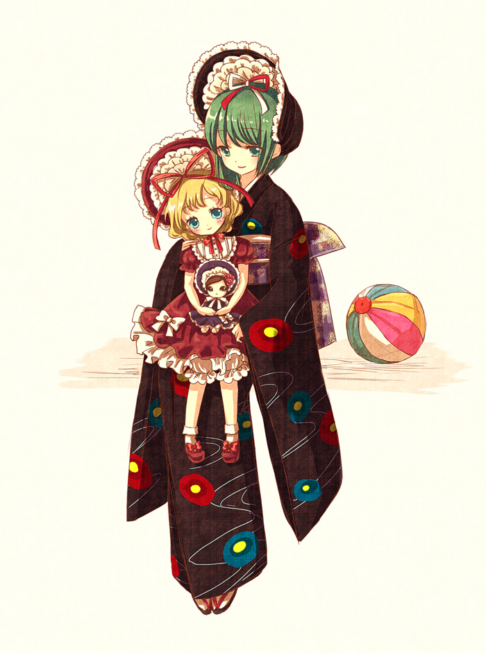 2girls, alternate_costume, aqua_eyes, ball, blonde_hair, doll, female_focus, green_eyes