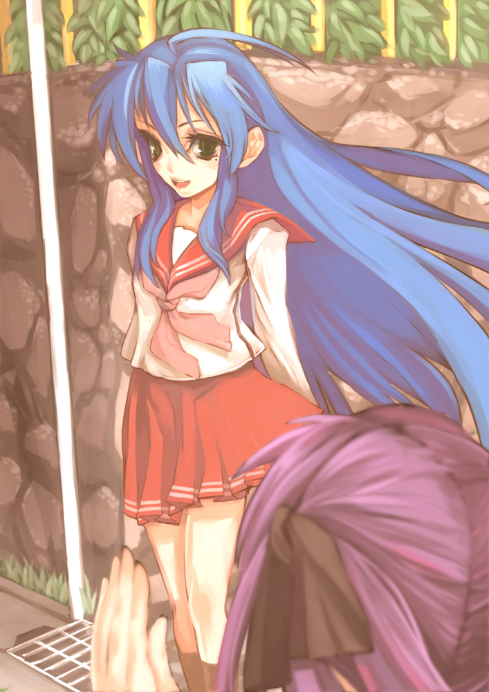 00s, 2girls, bad_id, bad_pixiv_id, blue_hair, hiiragi_kagami, izumi_konata, long_hair