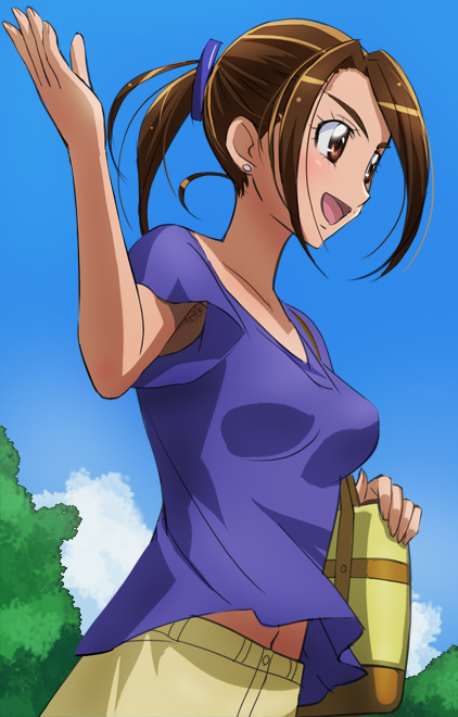 10s, 1girl, armpit_hair, armpit_peek, bag, breasts, brown_eyes, brown_hair, casual, female_focus, haruyama_kazunori, midriff_peek, navel, ponytail, precure, sasaki_namie, short_hair, smile_precure!, solo