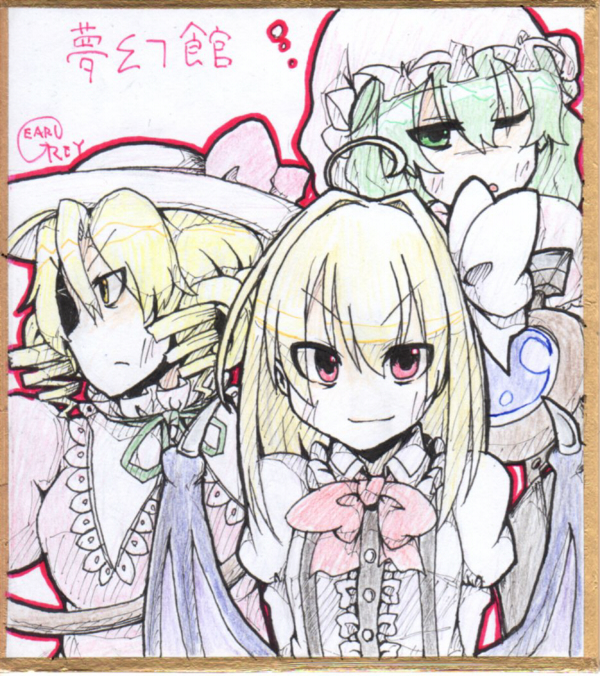 >:), 3girls, artist_name, blonde_hair, bow, demon_wings, earlgrey, elly_(touhou), female_focus, green_eyes, green_hair, hair_bow, hat, kazami_yuuka, kazami_yuuka_(pc-98), kurumi_(touhou), long_sleeves, low_wings, multiple_girls, no_nose, one_eye_closed, puffy_sleeves, red_eyes, shikishi, short_hair, sleepy, smile, touhou, touhou_(pc-98), traditional_media, v-shaped_eyebrows, wings, wink, yellow_eyes