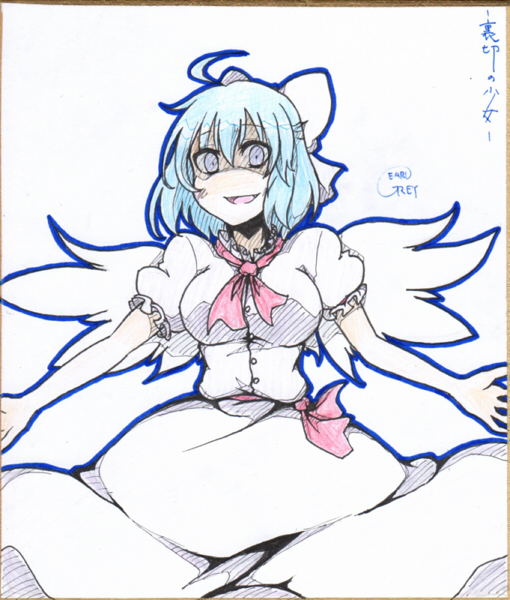 1girl, :d, artist_name, blue_eyes, blue_hair, bow, breasts, cirno