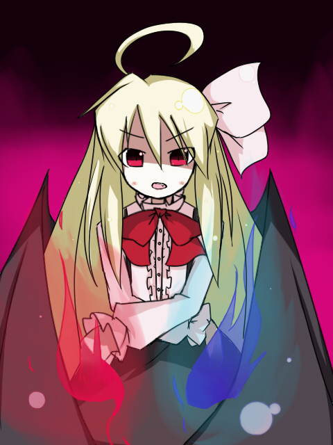 1girl, ahoge, bat_wings, blonde_hair, bow, earlgrey, fang, female_focus