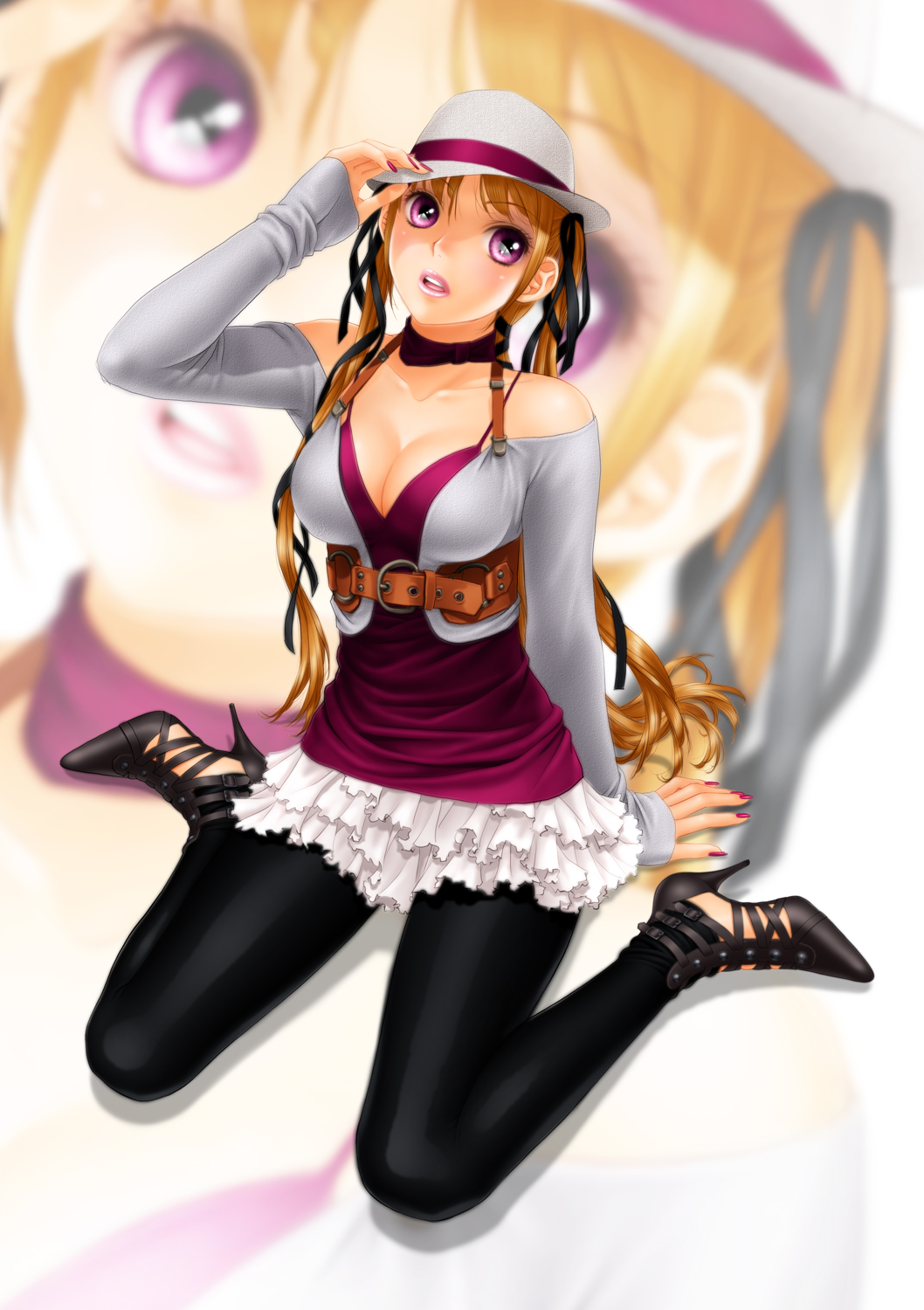 1futa, breast_padding, breasts, brown_hair, choker, cleavage, crossdressing, futanari