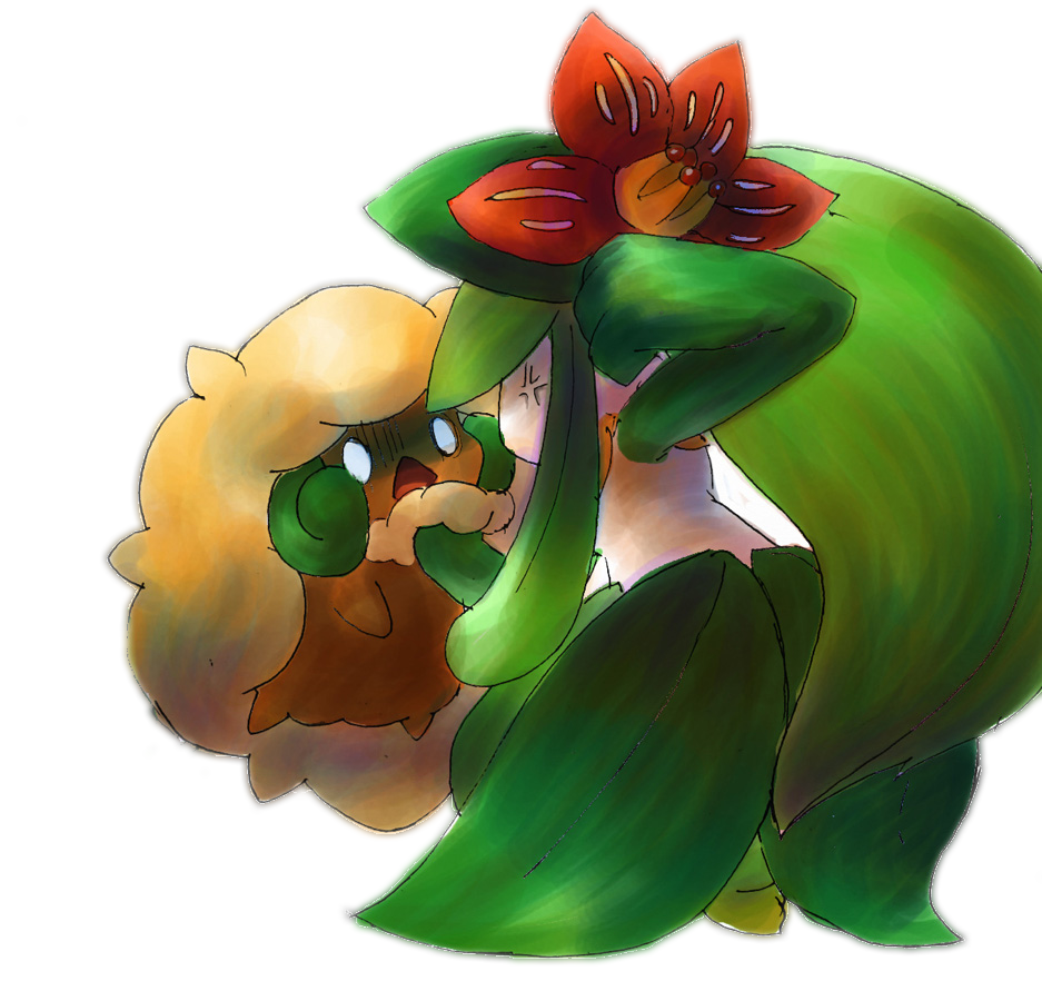 angry, dark_skin, flower_girl, gen_5_pokemon, lilligant, monster_girl, nintendo, no_humans, plant_girl, pokemon, pokemon_(creature), scared, whimsicott