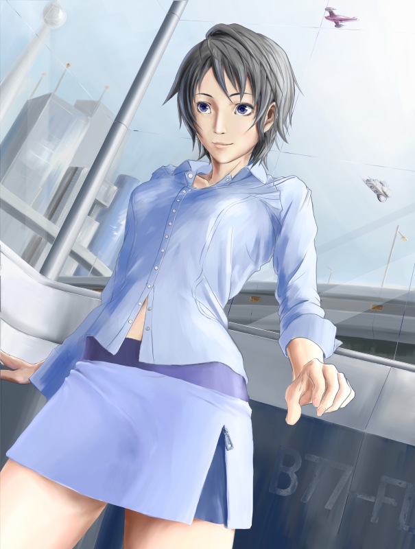 1girl, black_eyes, blue_hair, female_focus, miyahara_koumei, original, short_hair, solo