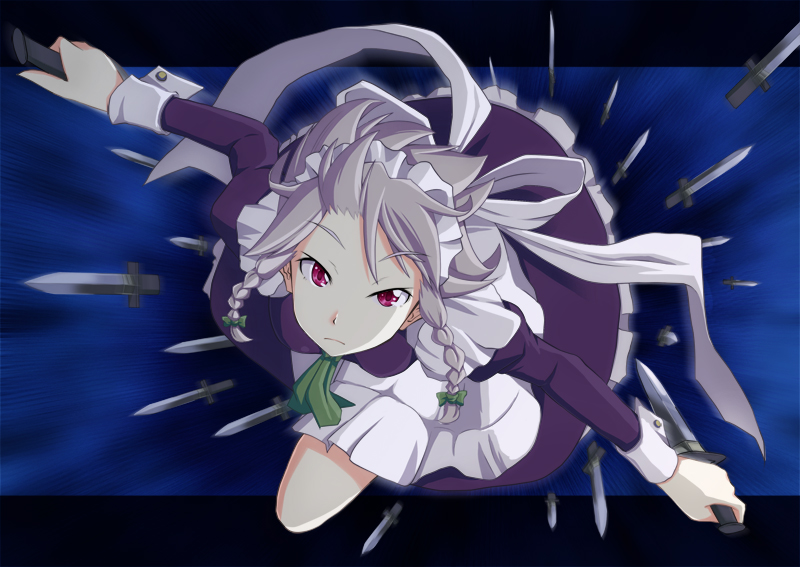 1girl, apron, braid, female_focus, izayoi_sakuya, knife, long_sleeves, maid